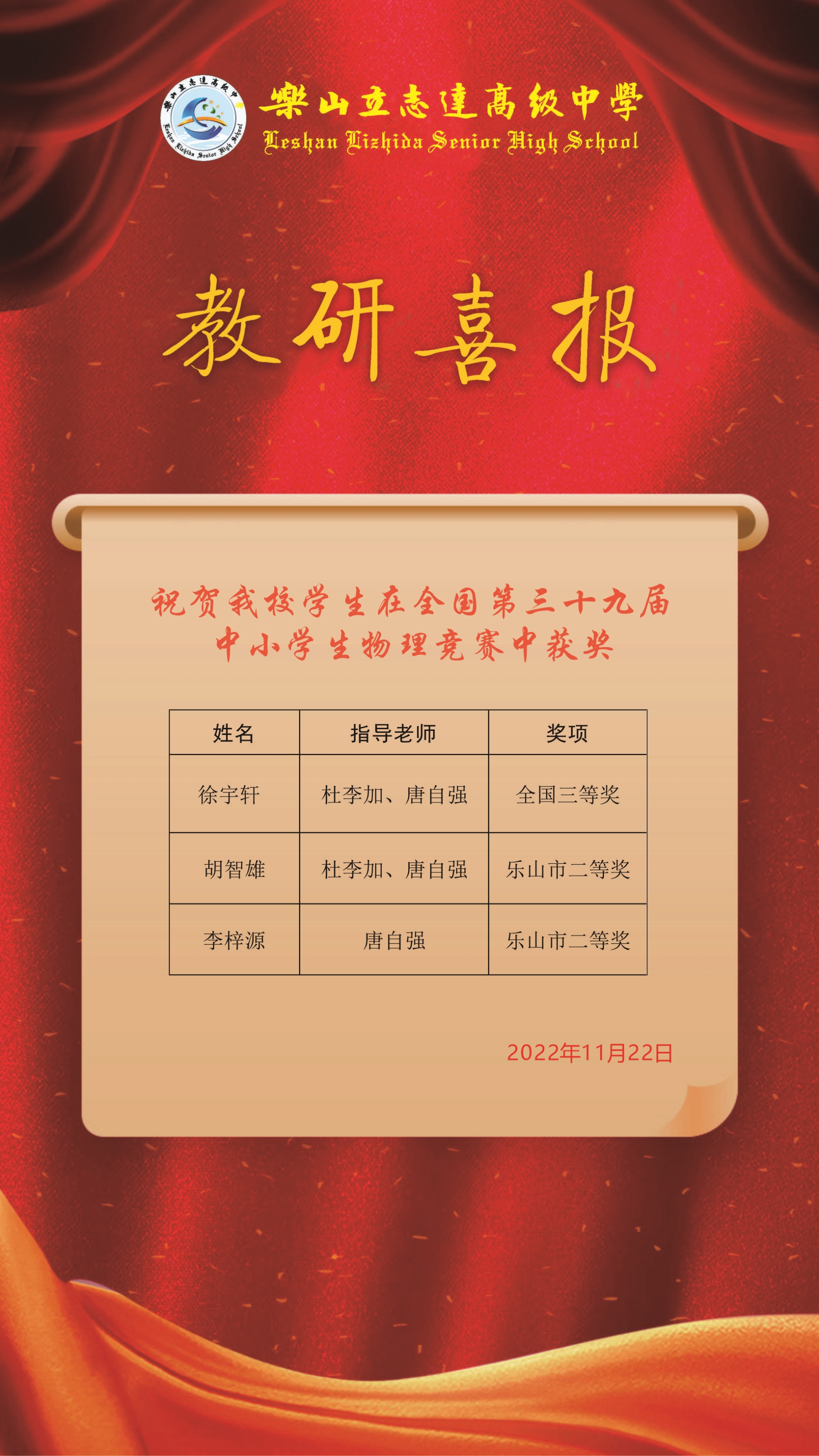 喜报  我校学子喜获第39届全国中小学生物理竞赛大奖20221123.jpg