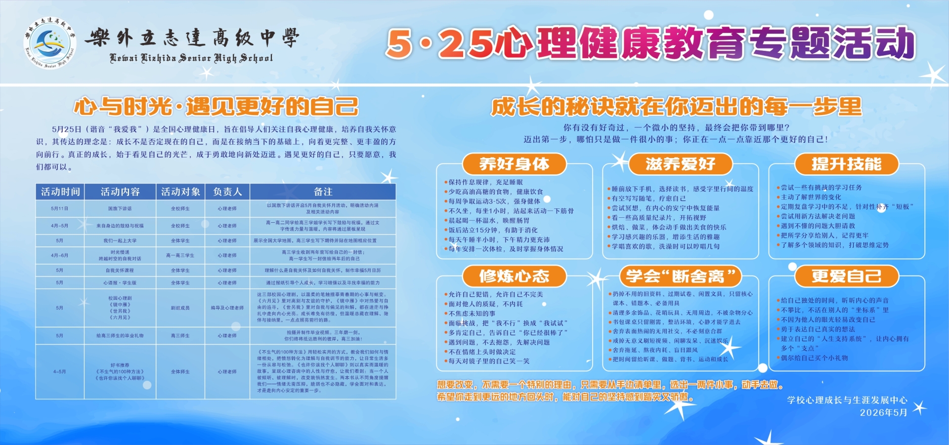 心与时光·遇见更好的自己——乐外立志达高级中学2025-2026学年度“5·25自我关怀月”活动